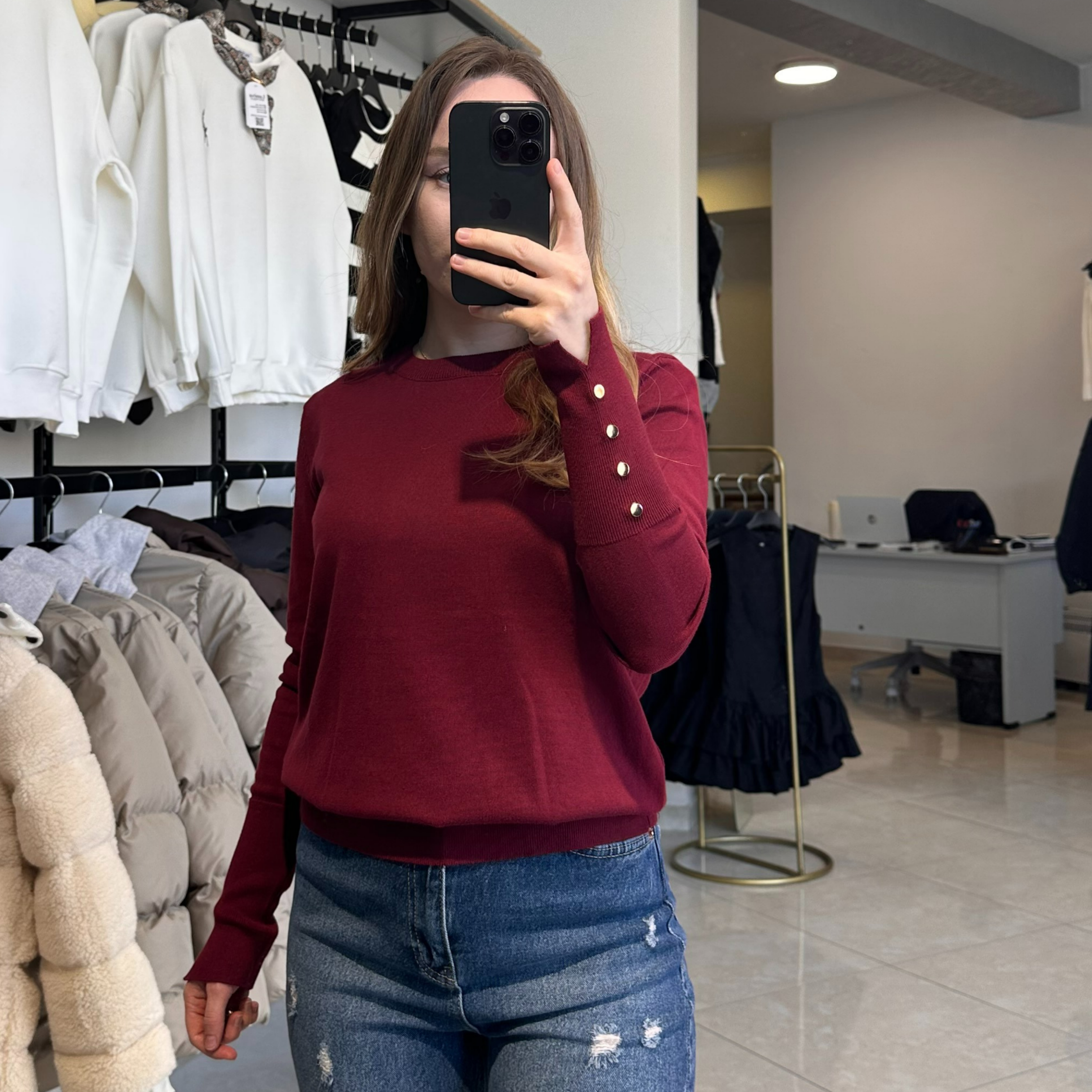 Плетена бордо блуза с копчета