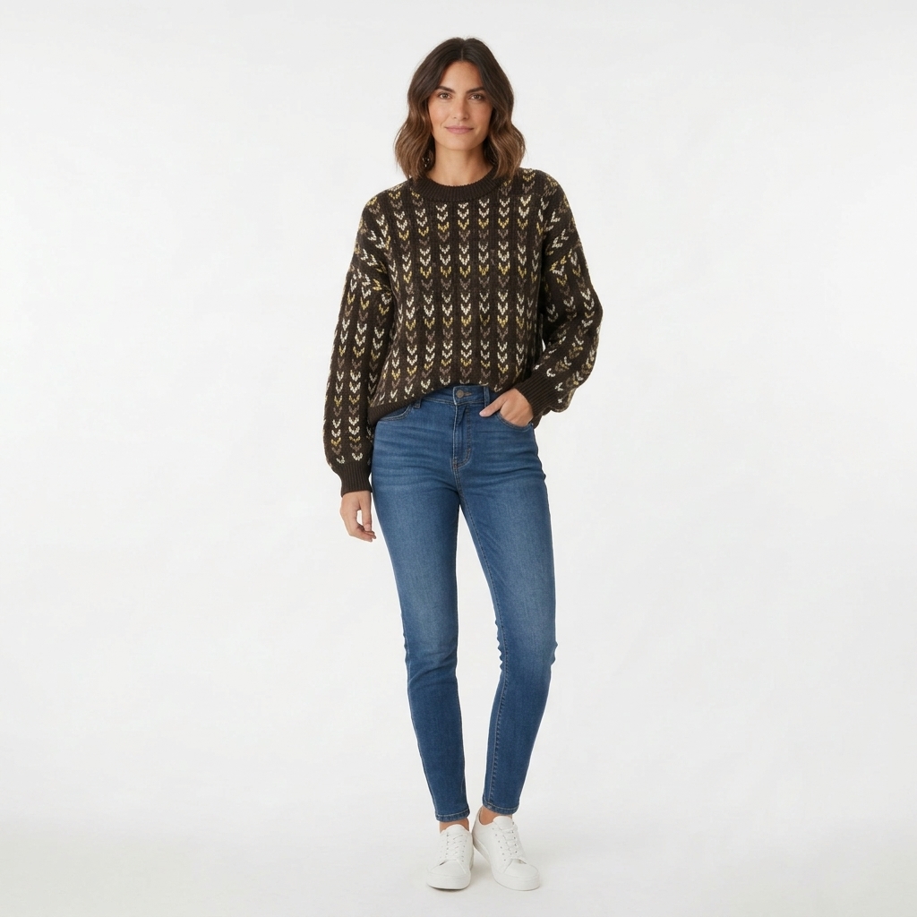 Кафяв плетен пуловер с фигурален десен Luniva